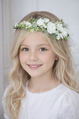 Wianek komunijny biel, zieleń, na gałązkach, wianek boho