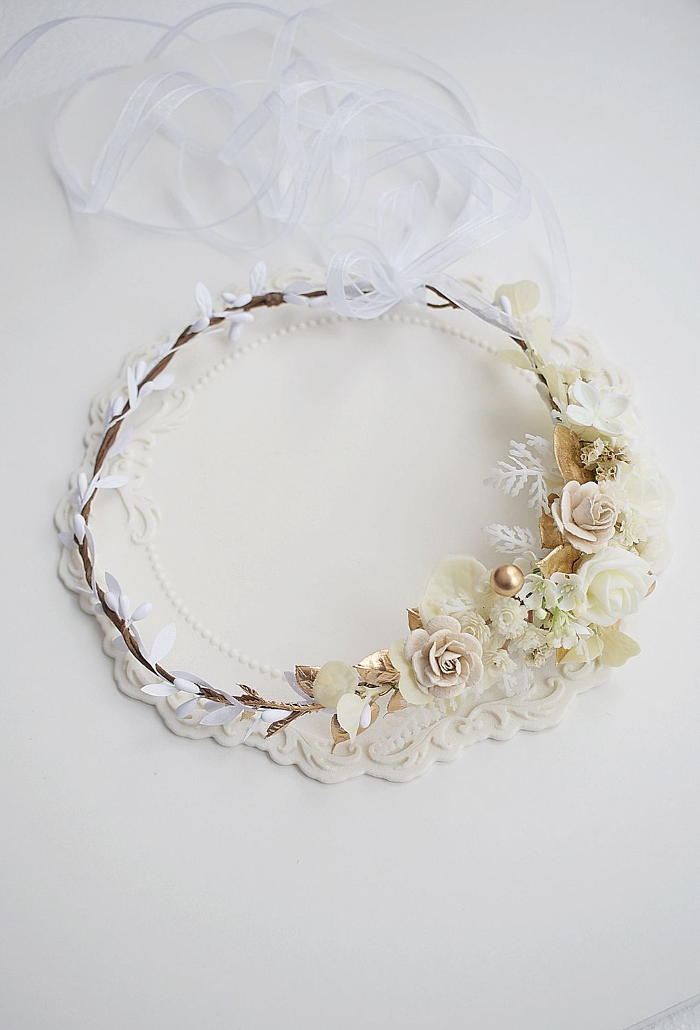 Wianek komunijny biel, kremowy, beż  na gałązkach, wianek boho
