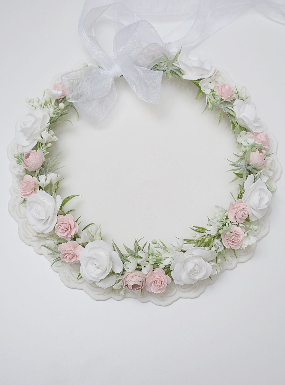 Wianek komunijny biel , pudrowy róż, zieleń pastelowa