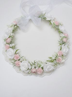 Wianek komunijny biel , pudrowy róż, zieleń pastelowa