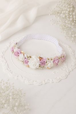 Wianuszek boho z perełkami lilac , biel, złoto