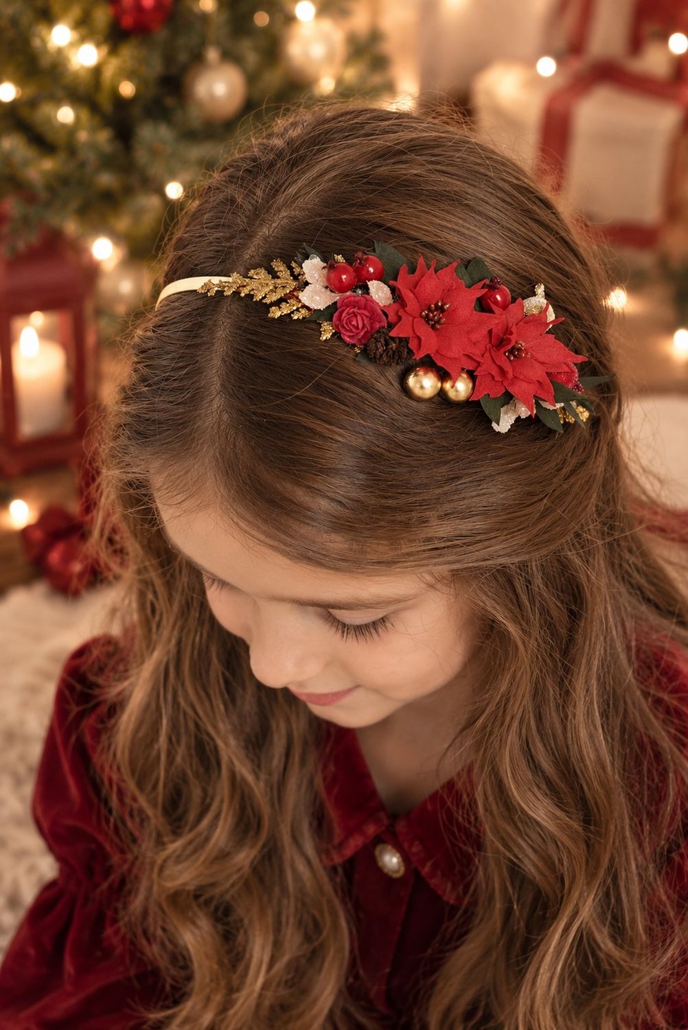 Opaska świąteczna poinsettia czerwień zieleń