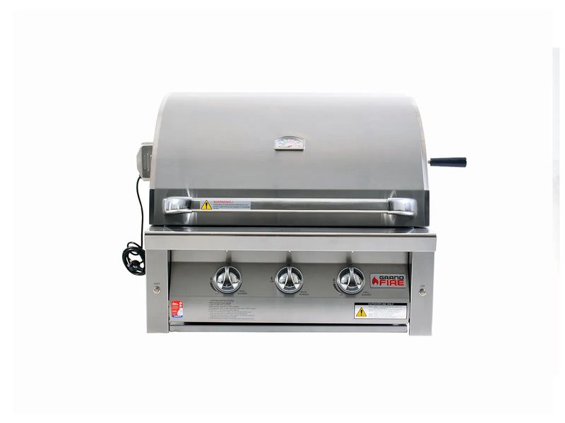 Grandfire Deluxe 30" in-built bbq head. SS Grill &amp; hotplate, briquette Burner Cover, double mounted halogen Lights &amp; LED System, back burner&amp; Rotisserie Kit.