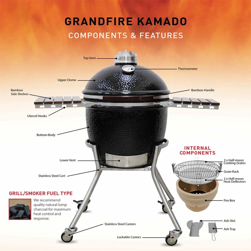Grandfire Grandfire Kamado 18" Stand Alone Ceramic Charcoal Grill with Stainless Steel band, hinge &amp; handle - Black