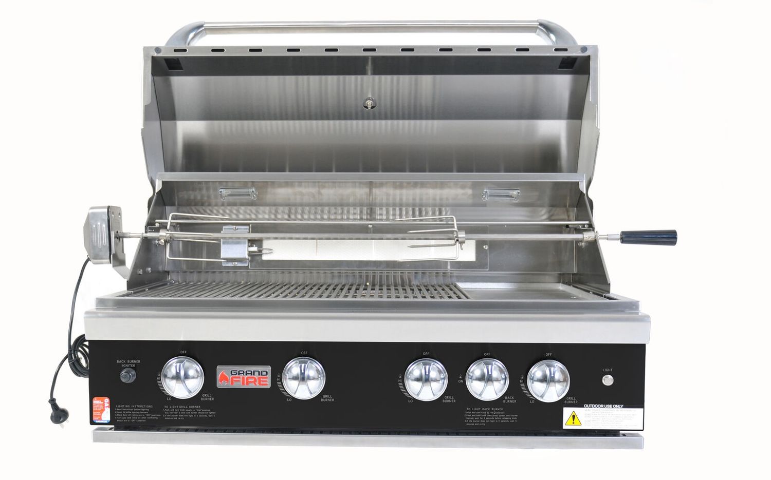 Grandfire Classic 38" in-built bbq head with BLACK FASCIA, SS grills &amp; hotplate, flame tamer, halogen lights, back burner &amp; Rotisserie kit