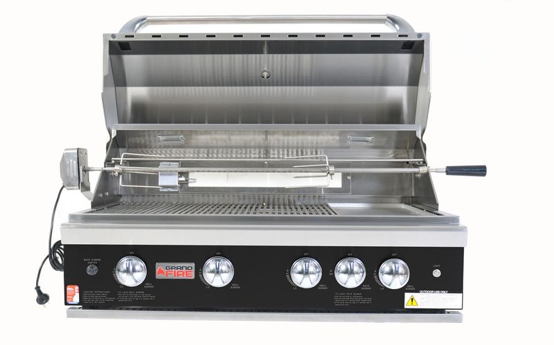 Grandfire Classic 38" in-built bbq head with BLACK FASCIA, SS grills &amp; hotplate, flame tamer, halogen lights, back burner &amp; Rotisserie kit