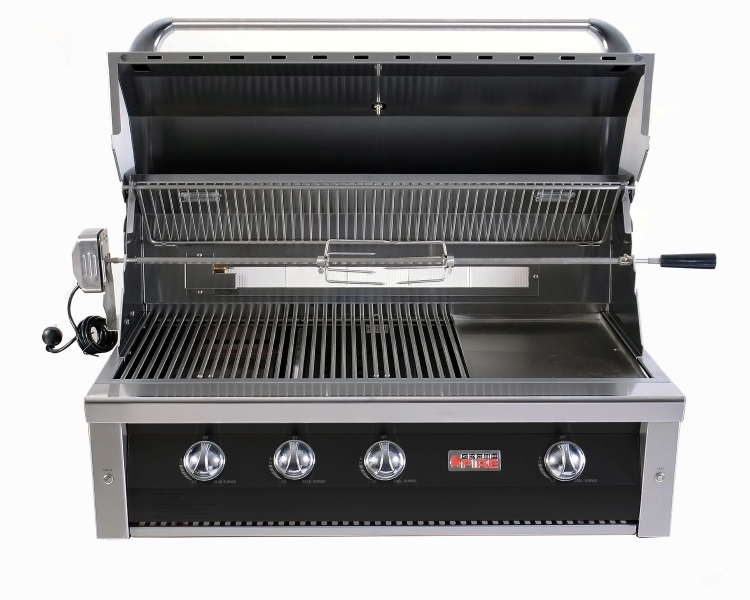 Grandfire Deluxe 42" in-built bbq head with BLACK FASCIA - Sear Burner, SS Grill &amp; hotplate, briquette Burner Cover, double mounted halogen Lights &amp; LED System, back burner&amp; Rotis