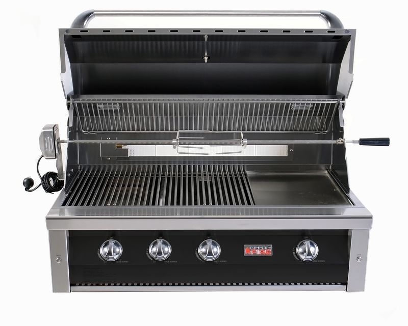Grandfire Deluxe 42" in-built bbq head with BLACK FASCIA - Sear Burner, SS Grill &amp; hotplate, briquette Burner Cover, double mounted halogen Lights &amp; LED System, back burner&amp; Rotis