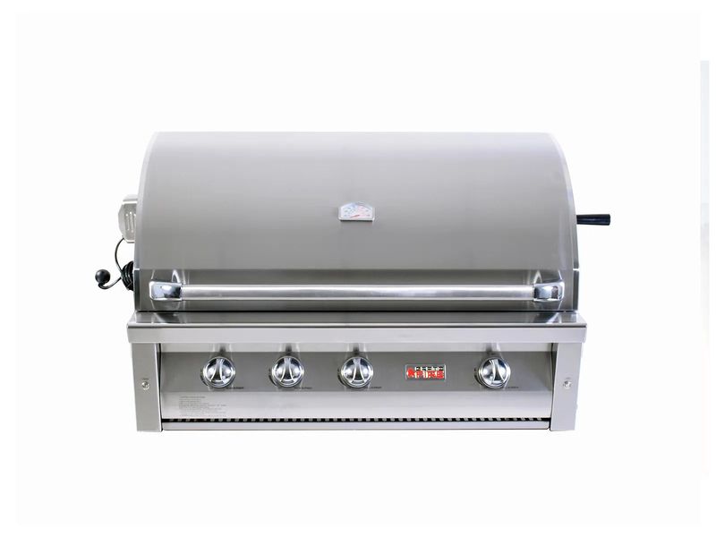Grandfire Deluxe 42" in-built bbq head with Sear Burner, SS Grill &amp; hotplate, briquette Burner Cover, double mounted halogen Lights &amp; LED System, back burner&amp; Rotis Kit.