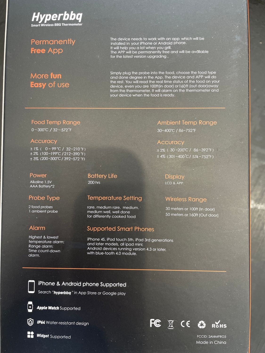 QUE Thermometer through hood Bluetooth c/w two probes