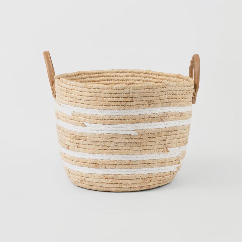 White Stripe Natural Woven Basket with Leather Handle - size Medium