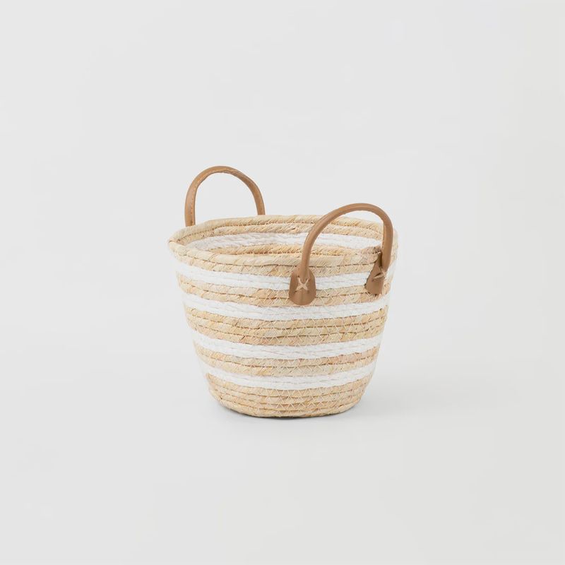 White Stripe Natural Woven Basket with Leather Handle - size Medium