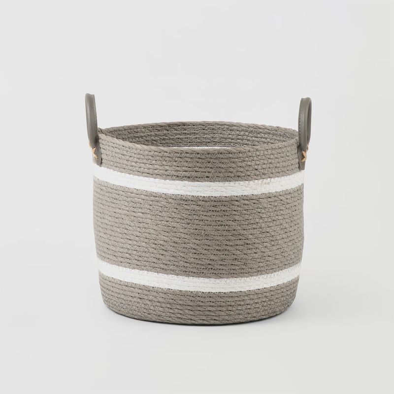 Two-Striped Grey Basket with Leather Handles - size Small