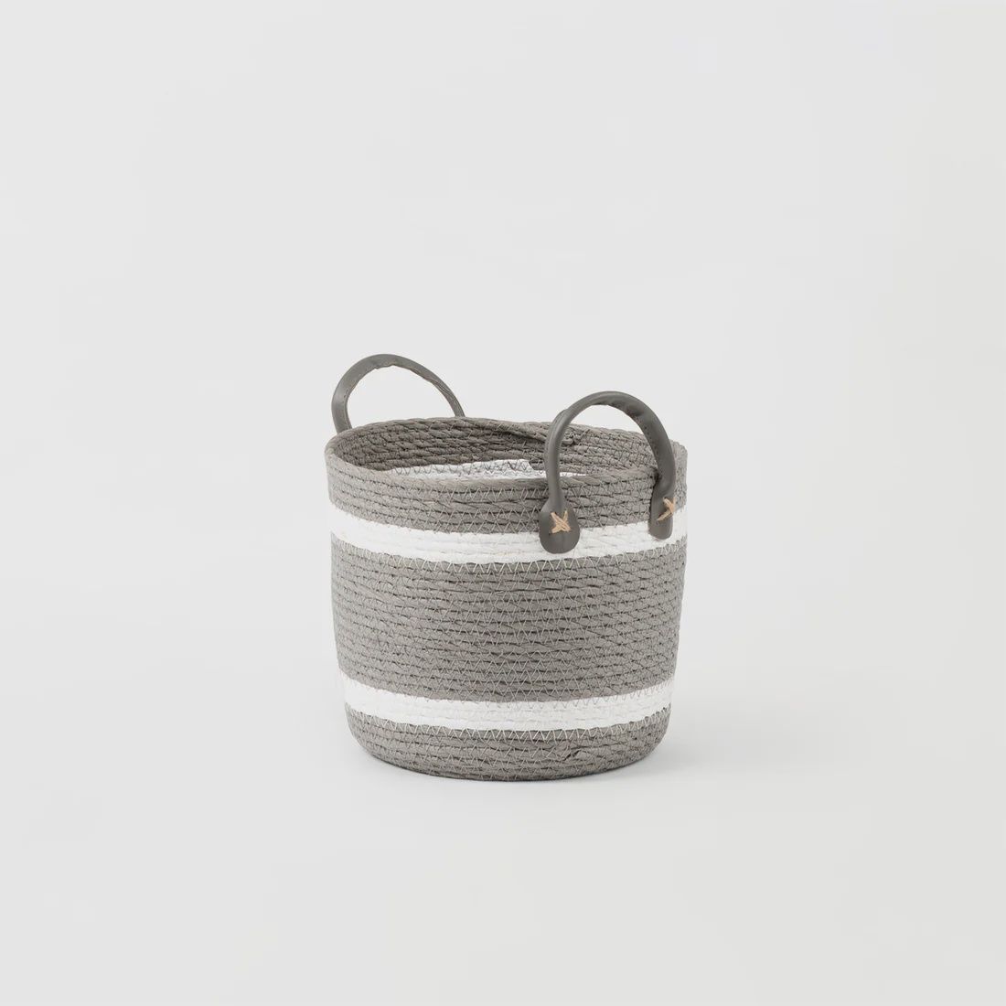 Two-Striped Grey Basket with Leather Handles - size Small