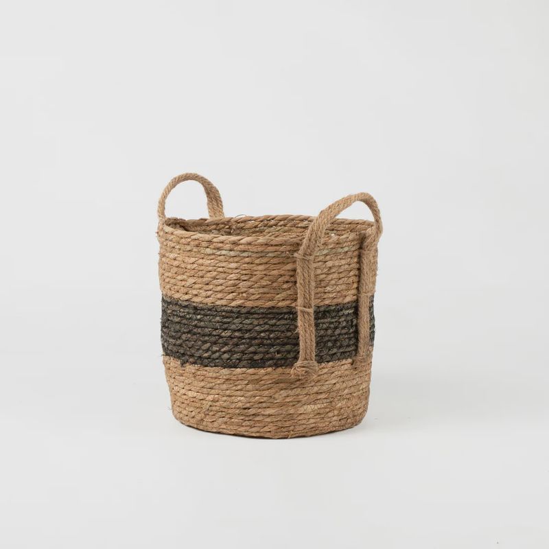 Natural and Black Stripe Basket with Hemp Handles - size Medium