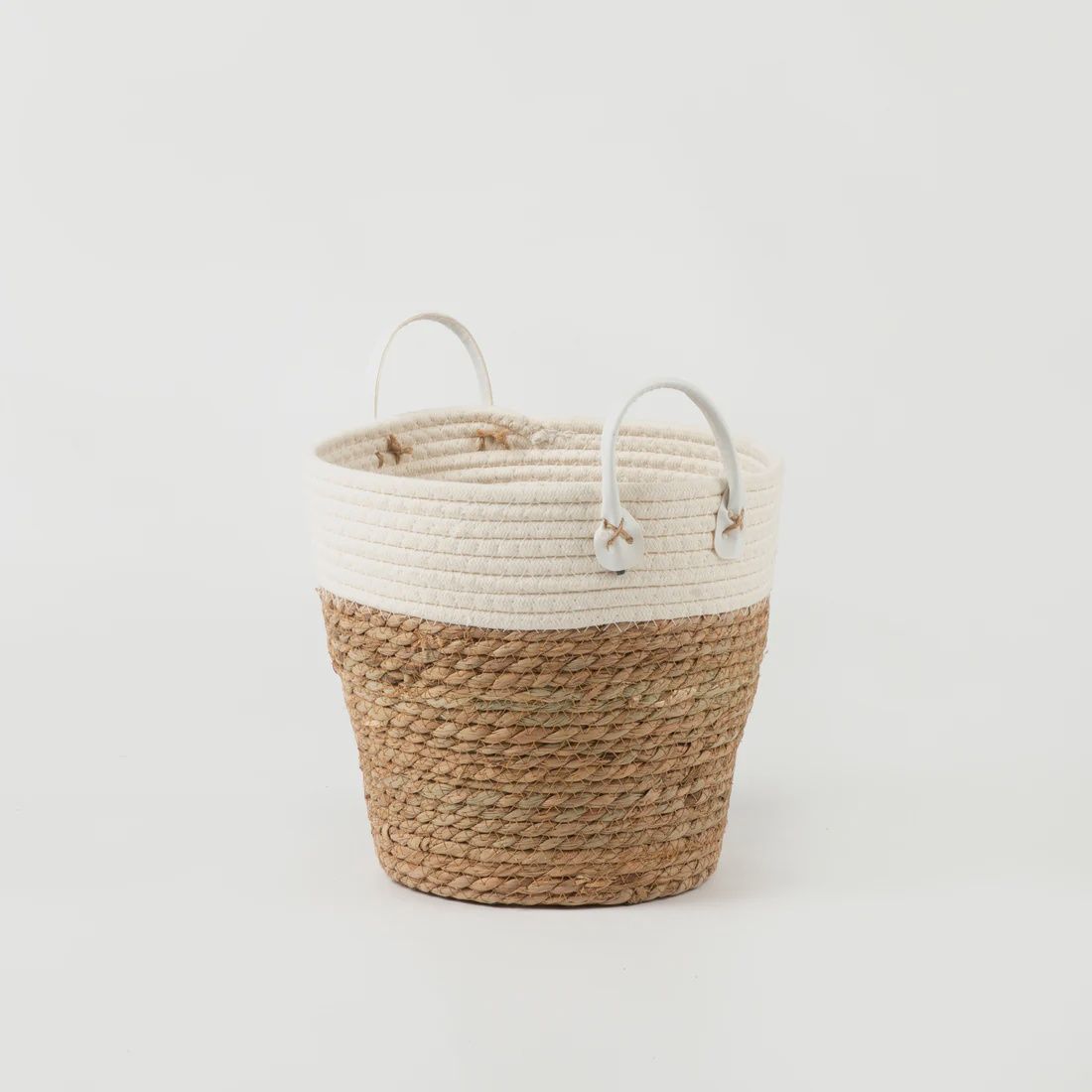 White Two-tone Basket with Leather Handles - size Small