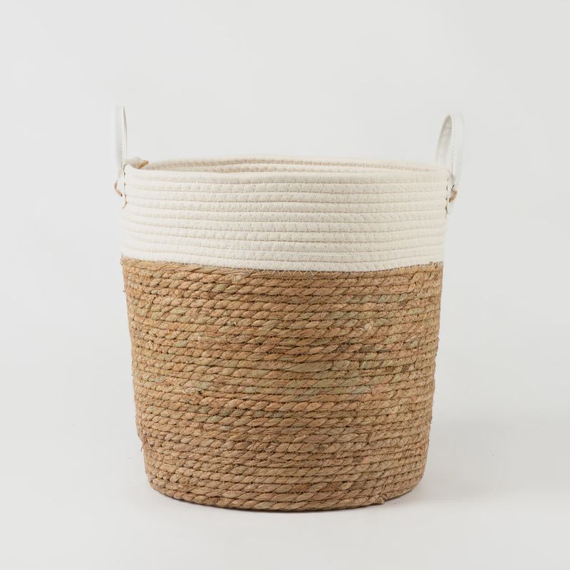 White Two-tone Basket with Leather Handles - size Small
