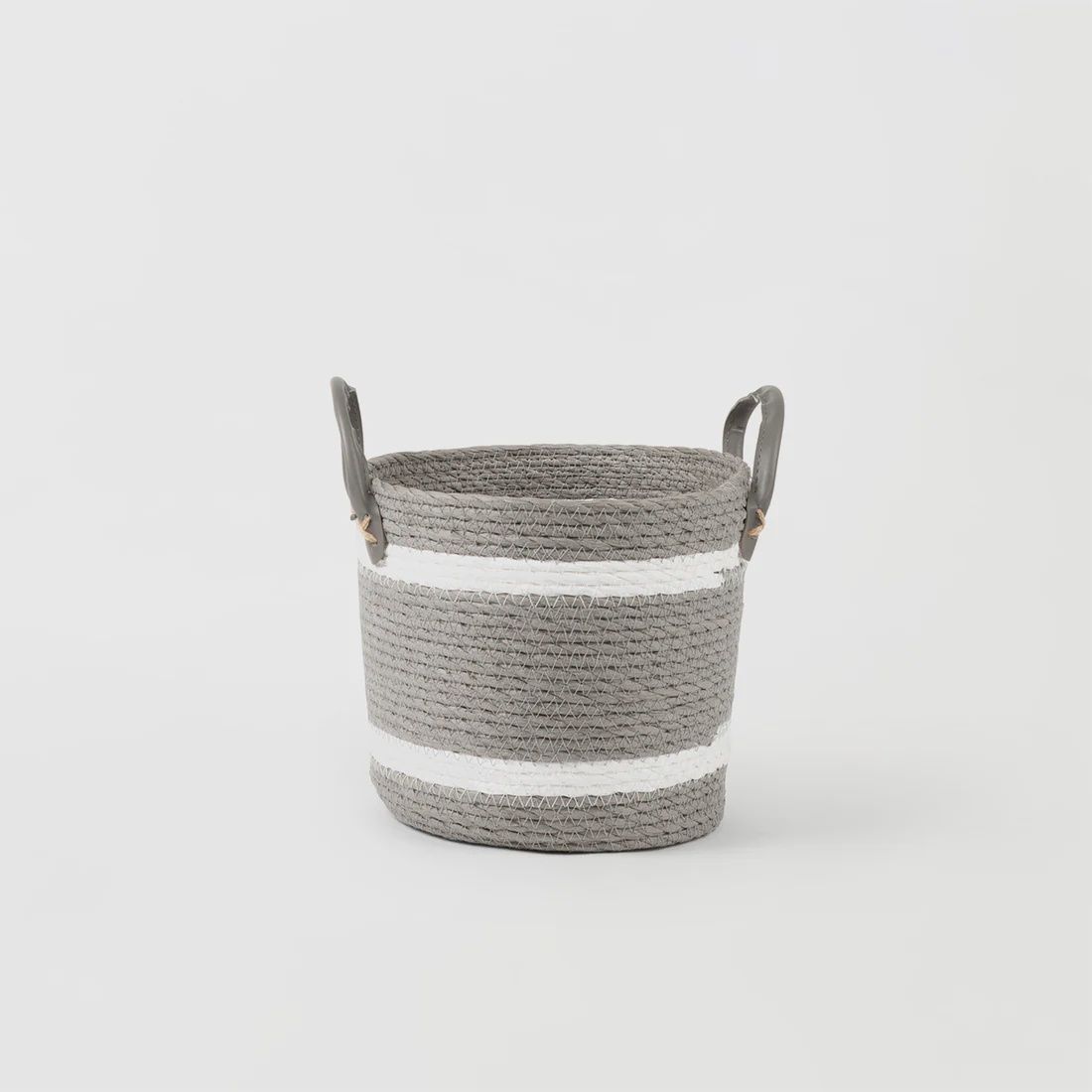 Two-Striped Grey Basket with Leather Handles - size Medium
