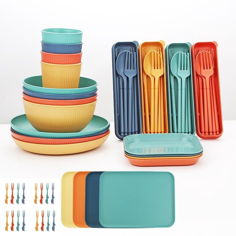 Wheat straw 56 piece picnic set - mixed colours