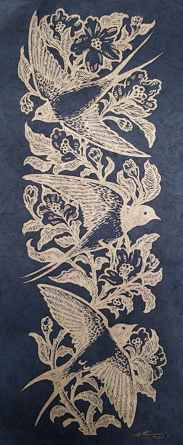 Barn Swallows and Apple Blossoms (gold edition)