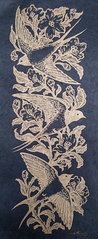 Barn Swallows and Apple Blossoms (gold edition)