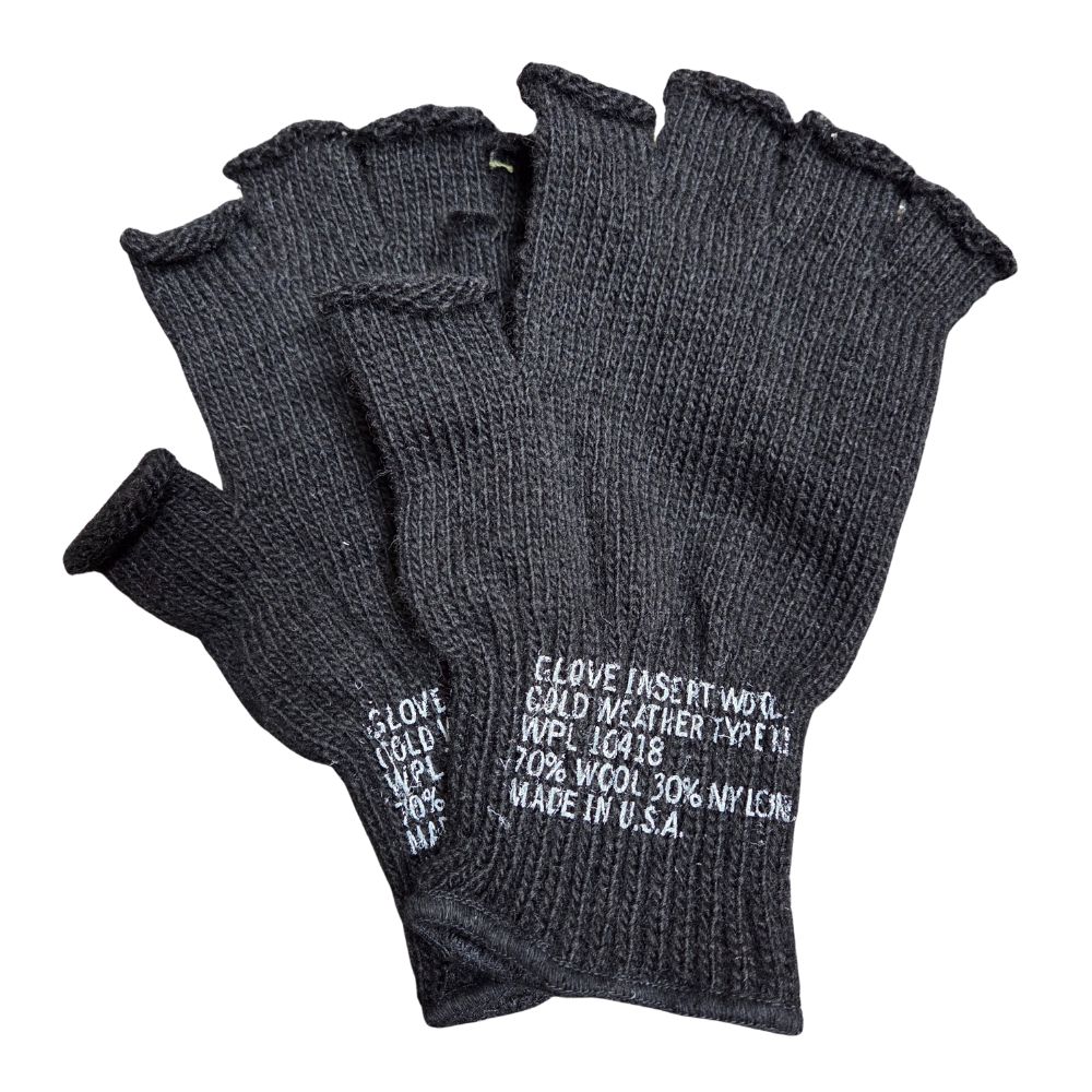 US Military Fingerless Wool Glove Liners, Color: Black