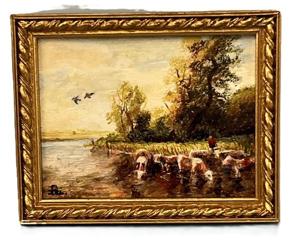 "Landscape with Cows" German Oil Painting mc1988x