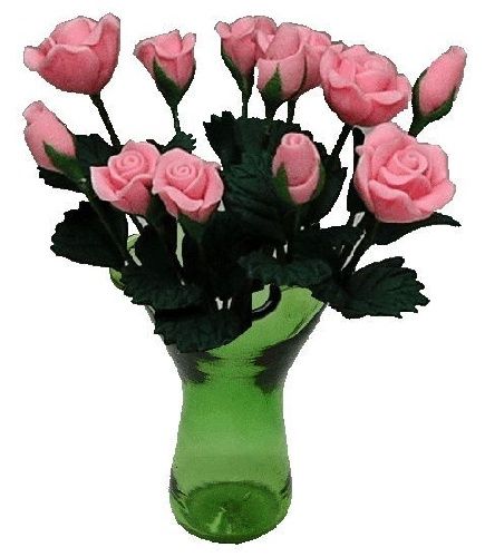 12 Pink Roses in Green Ruffled Vase bdr113