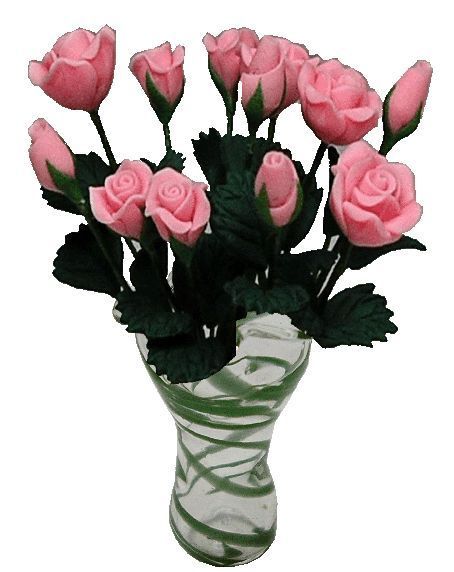 12 Pink Roses in Green Stripe Ruffled Glass Vase bdr083