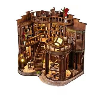 3D Puzzle Library Bookshelf Kit, DIY Miniature House Building Model sh25070820075670275