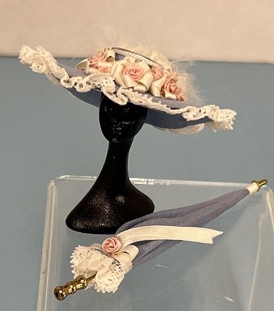Blue Silk Wide Brim Hat with Parasol JG0024a