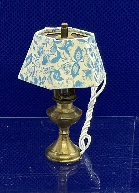 Brass Lamp with Blue and White Shade mc04942