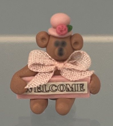Brown Bear in Pink Hat Holding "Welcome' sign Beary1F