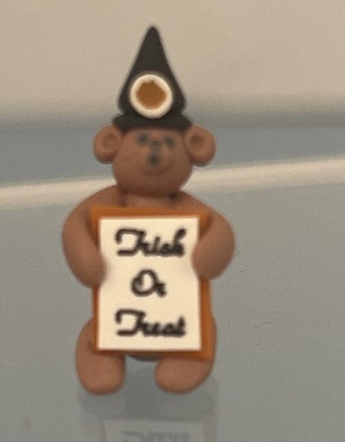Brown Bear Wearing Witch Hat Holding "Trick or Treat" Sign Beary1K
