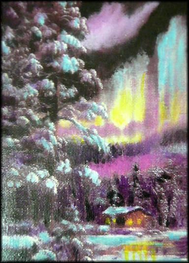 Cabin and Northern Lights aceo098