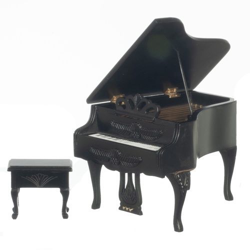Carved Piano with Stool, Black AZT5839
