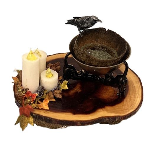 Cedar Wood Table on Acorn Base with Candles and Crow on Bowl of Water mc1349xa