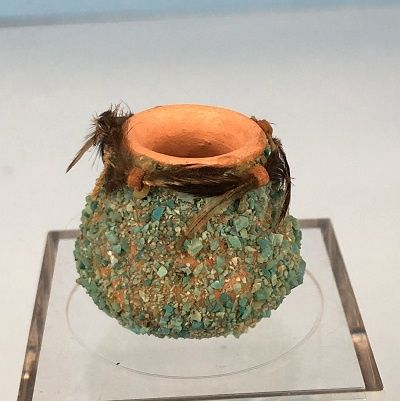 Clay Pot with Turquoises and Feathers 113323