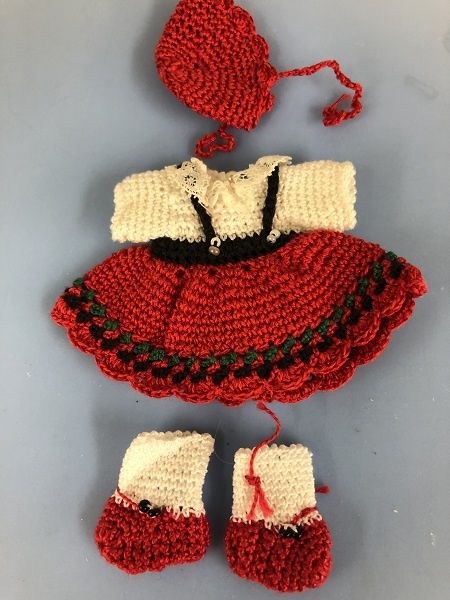Crochet Dress, Hat, and booties for larger doll mc03516