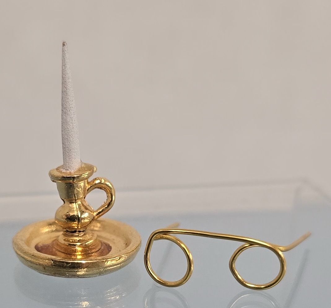 Gold Tone Chamberstick Candle Holder and Reading Glasses IM65730