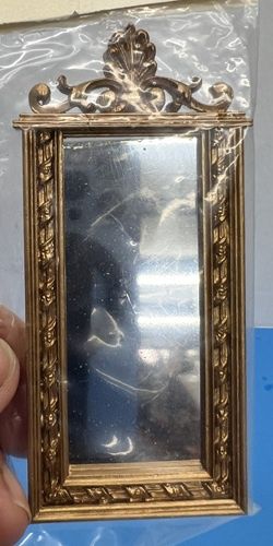 Gold Tone Rectangular Wall Mirror with Shelf Motif at Top mc1379x