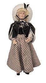 Handpainted Porcelain Doll with White Hat and Brown Check Skirt mc1477x