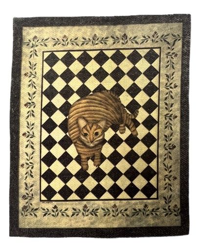 Green Area Rug with Cat, Black Diamonds and Floral Border mc1072x
