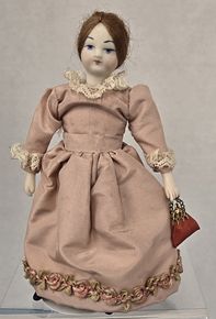Handpainted Porcelain Doll in Dusty Rose Silk Dress mc1478x