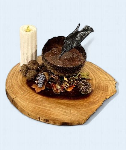 Lighted Tall Candle with Crow Drinking Water on Cedar Table mc1348