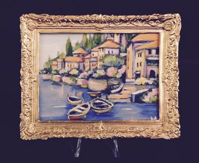 Lake Como Italian Oil Landscape Boats aceo1519-1