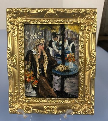 Miniature OIL Painting "The Cafe"Vintage 50's Fashion Leopard Co mandel1010