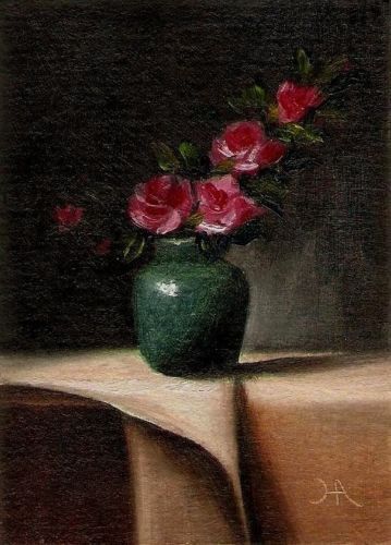 Original Oil Painting Still Life Pink Roses in Blue Green Vase aceo3335