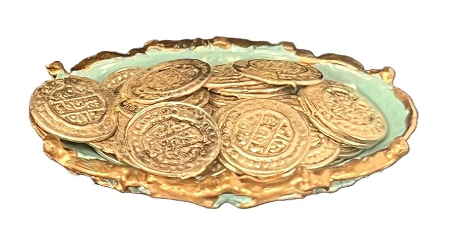 Oval Turquoise Bowl Full of Bullion Coins mc031116