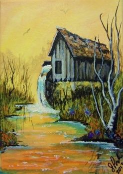 Original Old Mill Stream Sunrise Willows eb74